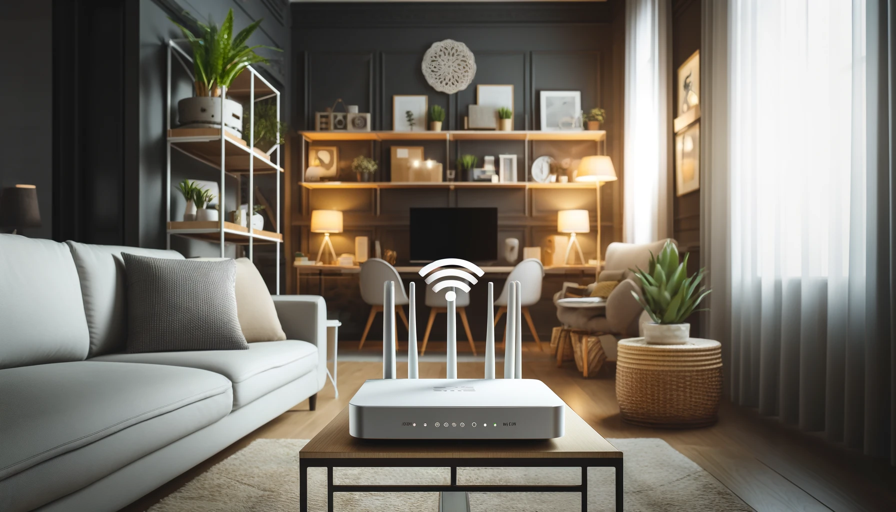 A modern home interior with a Wi-Fi router placed on a high shelf in a central location. The room is well-lit, with minimalistic decor including a couch, coffee table, and plants.