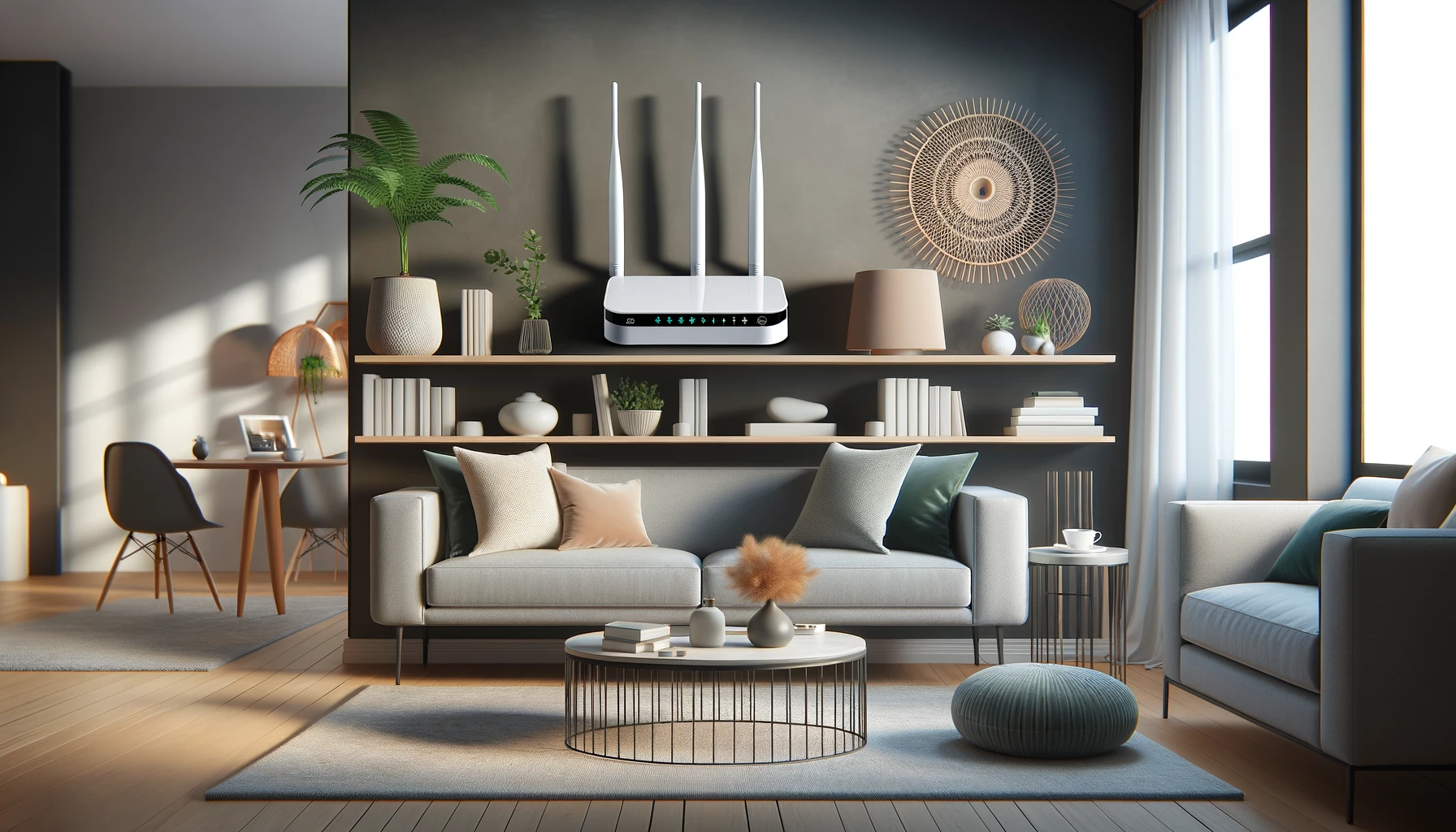 A sleek, modern living room with a Wi-Fi router on a high shelf in the center. The room is bright with natural light, featuring contemporary furniture including a sofa, coffee table, and decorative items like plants and books.