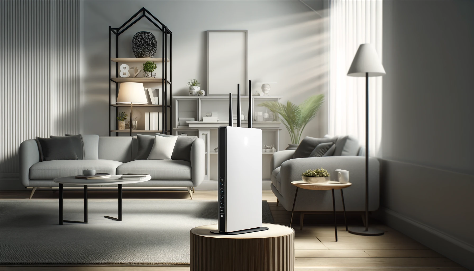 A sleek, modern living room with a Wi-Fi router placed on a high shelf in the center. The room is bright with natural light streaming through large windows.