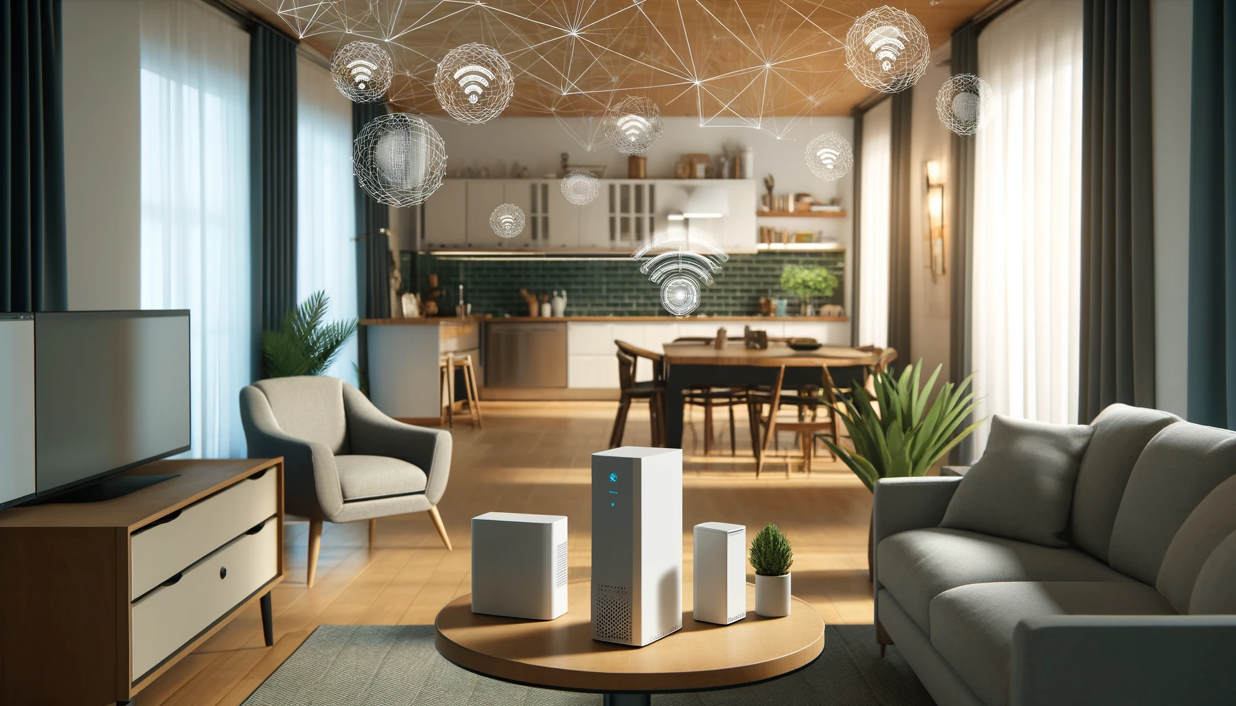 A modern home with a mesh Wi-Fi system installed. The main node is placed on a central table, while additional nodes are visible in the background, ensuring coverage throughout the spacious living area.