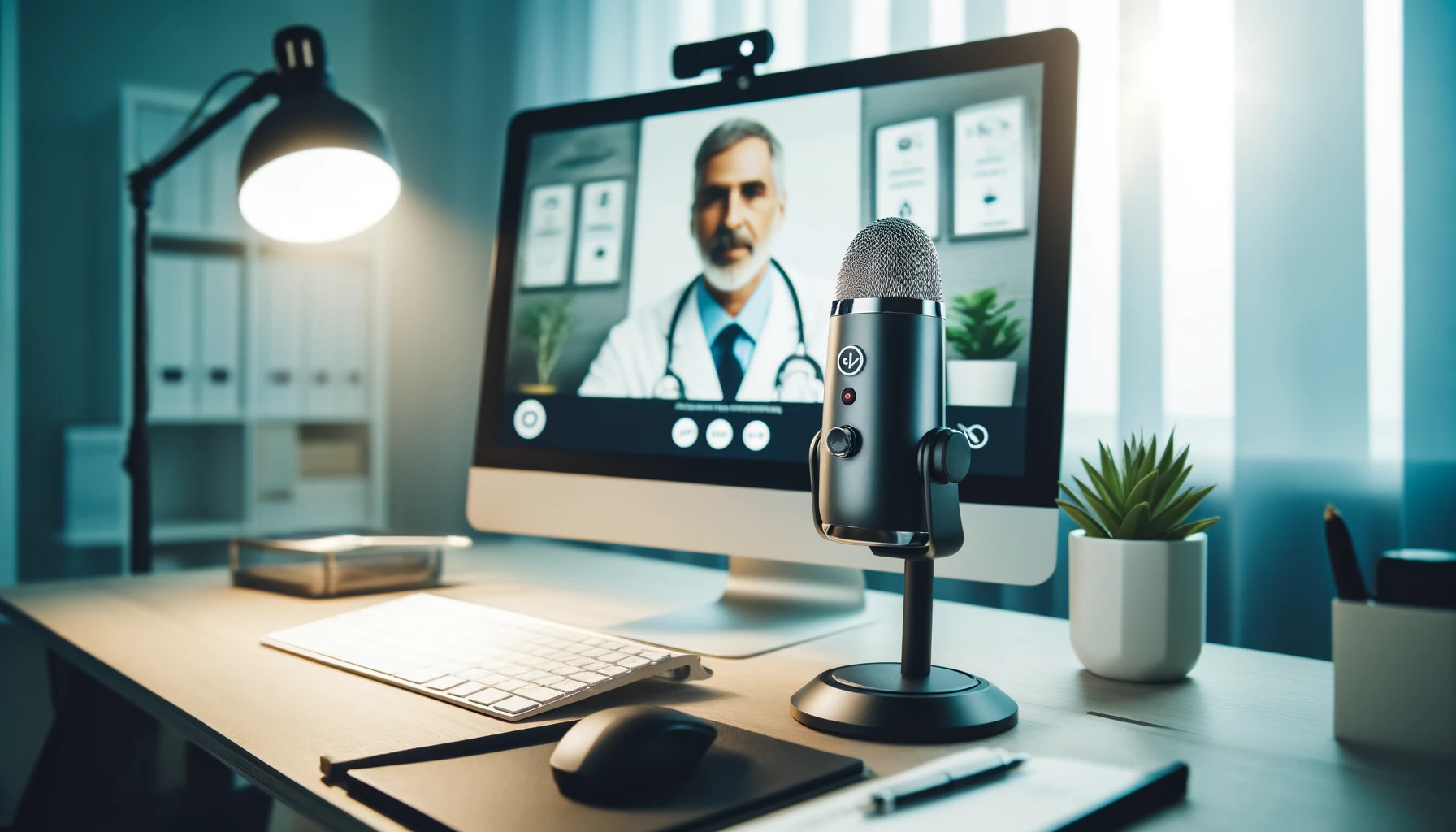 A close-up view of a professional video conferencing setup, showing a high-quality webcam, microphone, and a computer screen displaying a medical consultation interface.