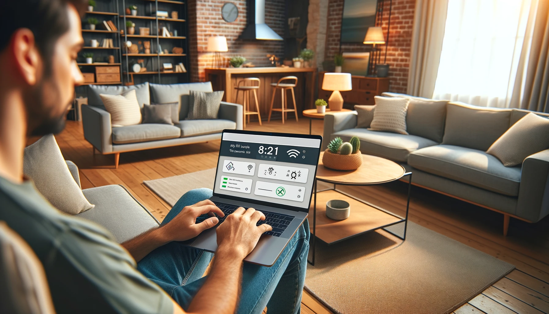A modern family room with a male parent setting up parental controls on a home WiFi network using a laptop.
