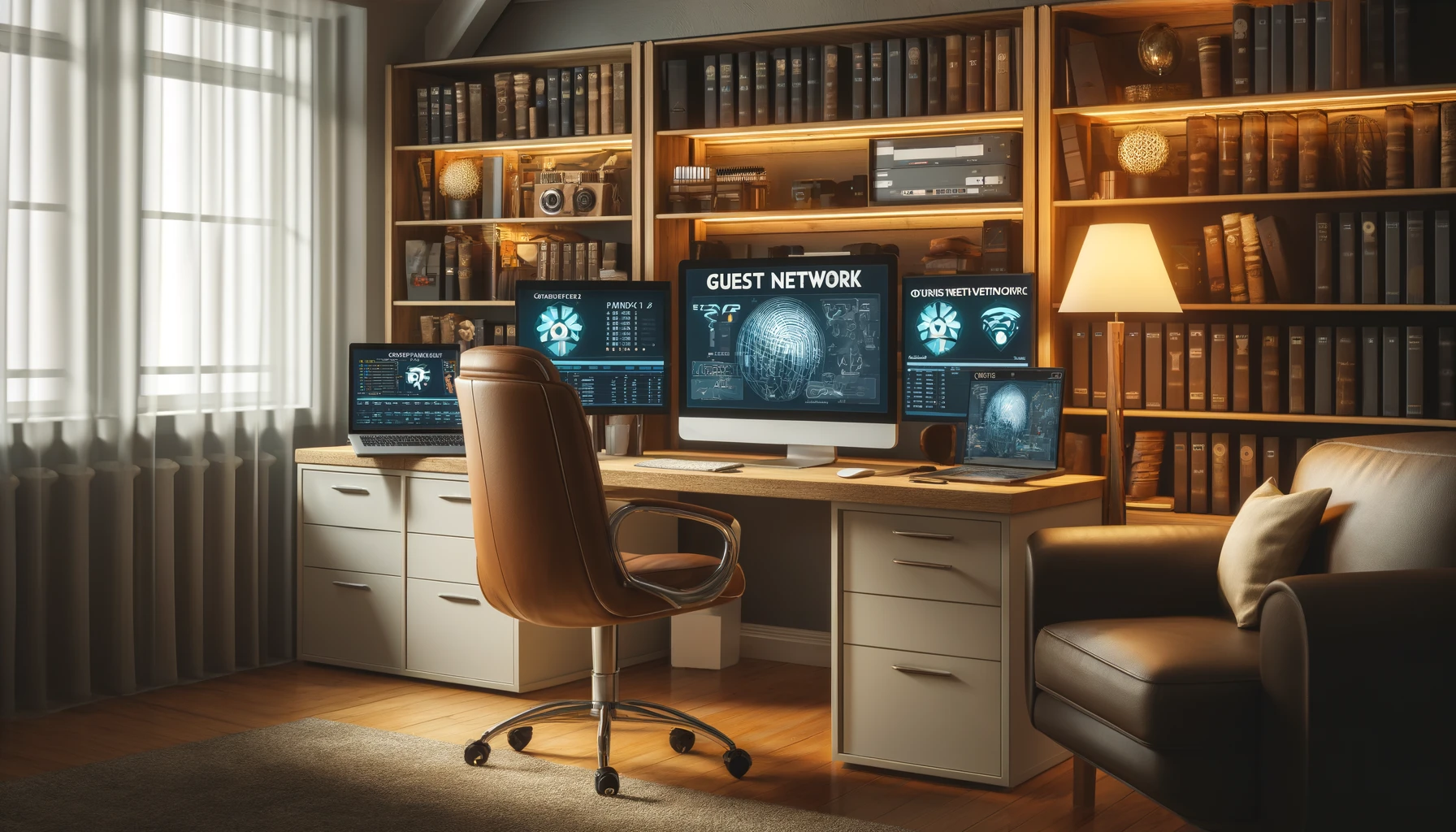 A cozy home office setup for managing a guest WiFi network, featuring a large desk with multiple screens showing network security software and guest network settings.
