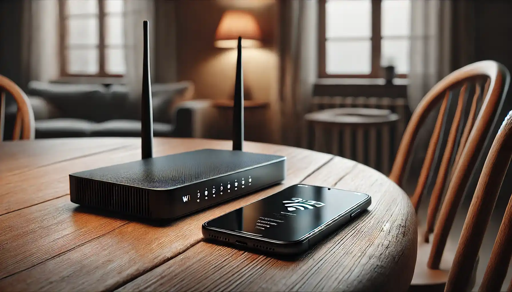 a turned-off smartphone placed on a wooden table near a Wi-Fi router.