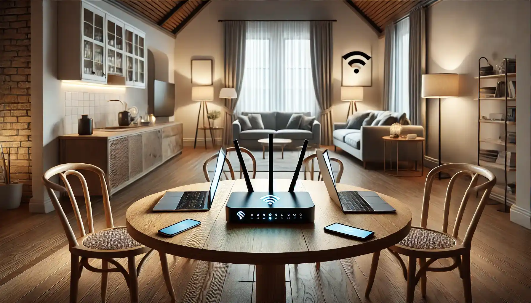 a modern home setting with a sleek WiFi router positioned on a central wooden table in a well-lit living room.