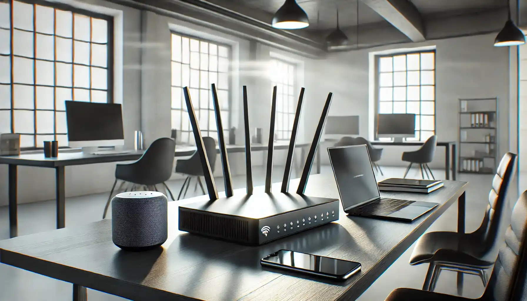 a sleek, modern office environment showcasing a high-tech WiFi router with multiple antennas prominently placed on a desk.