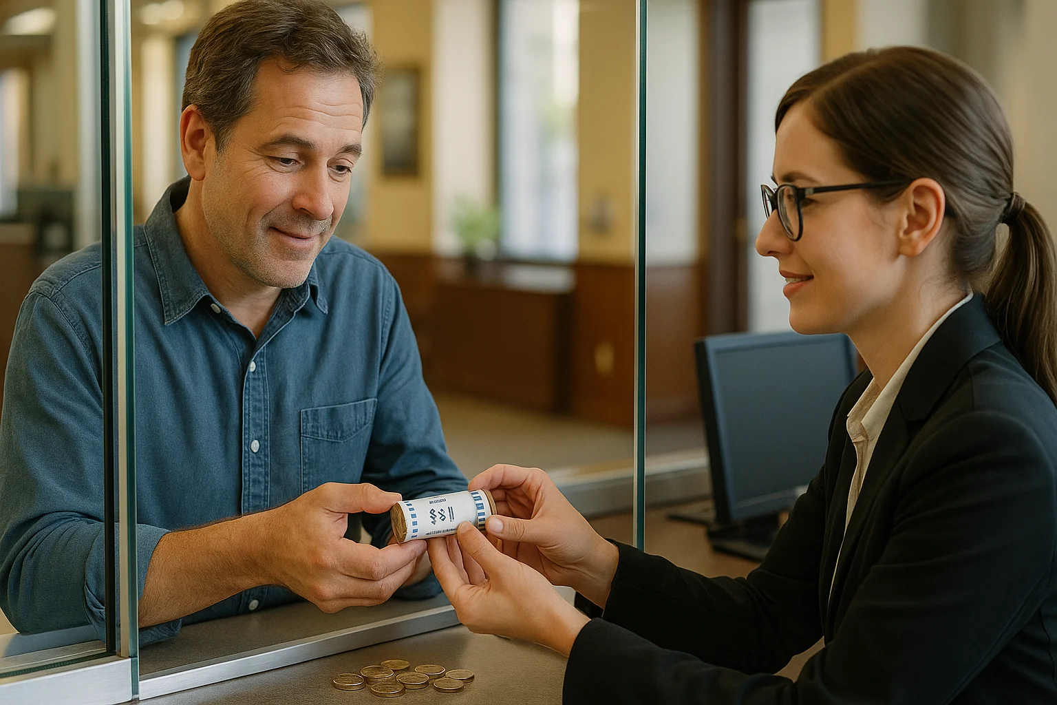 A middle-aged man at a bank counter accepts a roll of $1 coins from a teller, both showing interest in the transaction.