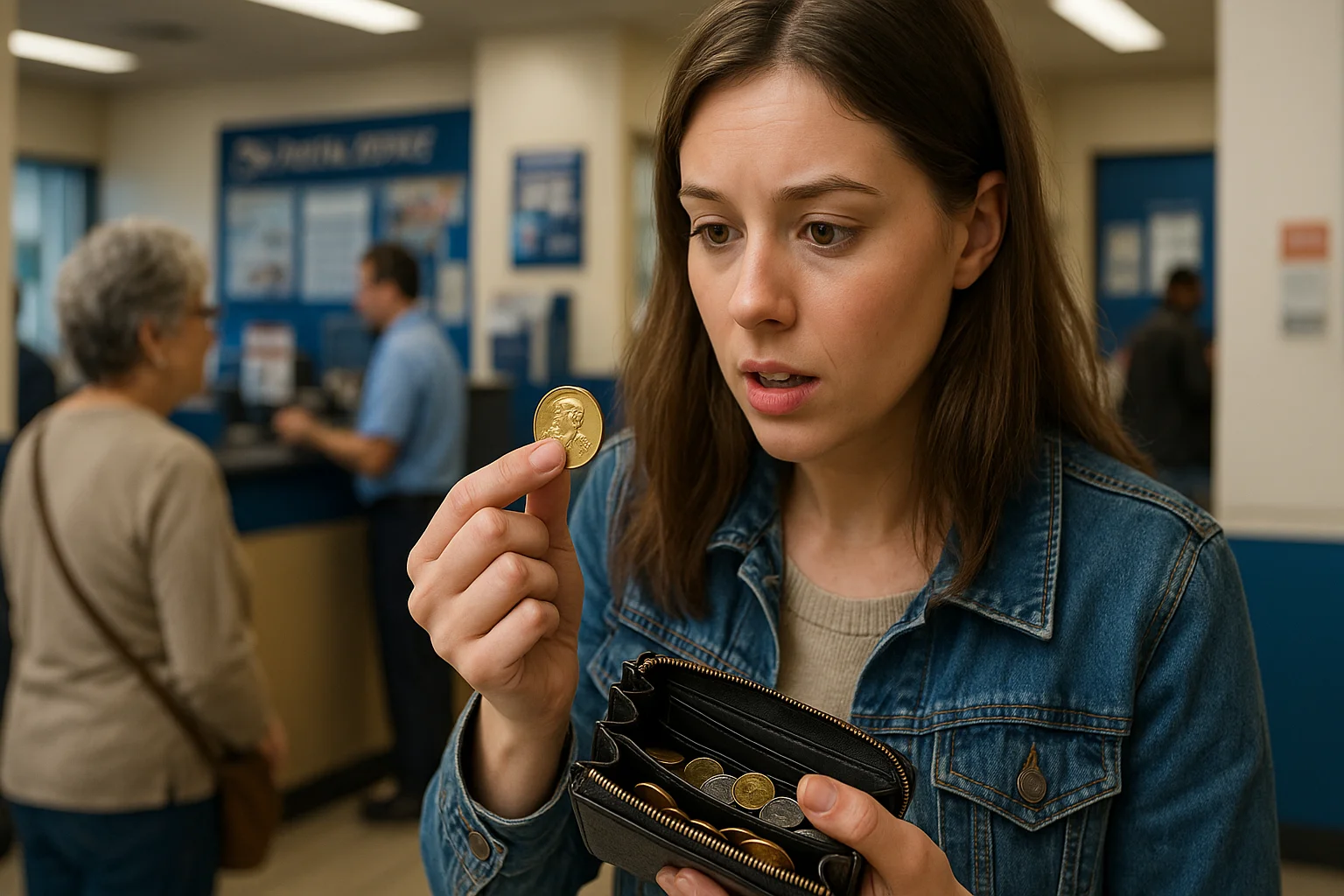 A young woman in a post office line looks surprised as she finds a golden hue Sacagawea Dollar among the coins in her wallet.