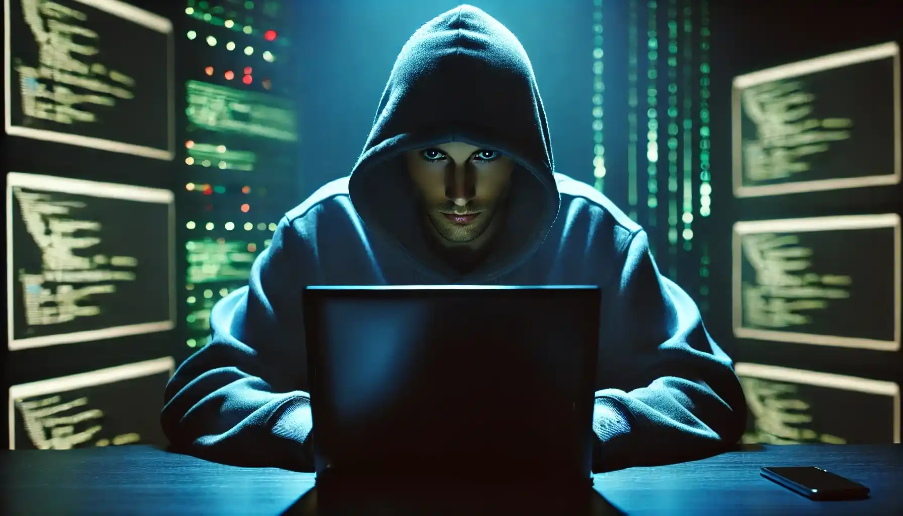 A mysterious hacker in a hooded sweatshirt, sitting in a dimly lit room in front of a laptop is trying to steal someone’s personal data.